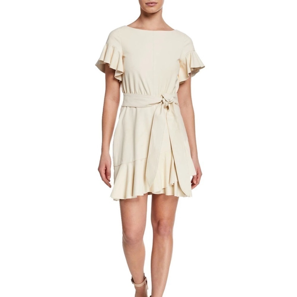 NWT CINQ A SEPT Aimee Boat-Neck Goat Leather Ruffle Dress 6